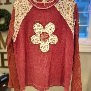 POL Floral Lace Sleeve Top - Red